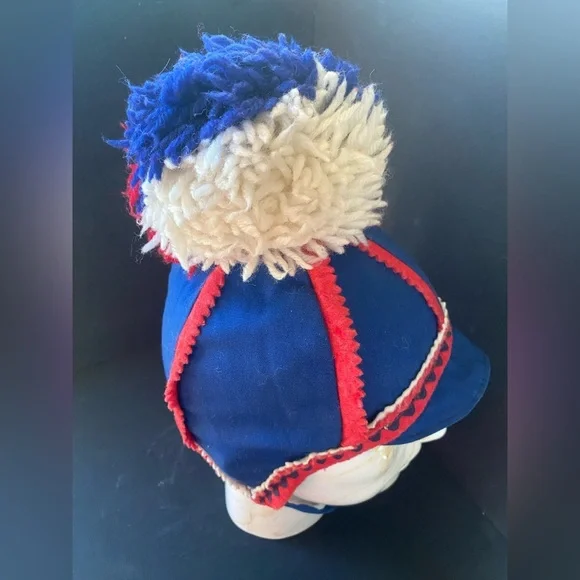 Vintage Skandia Norwegian Style Blue Red White Pom Pom Kids Beanie 70s 80s - Picture 4 of 9